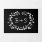 Zwart-wit bloemig lijst met initialen bruiloft drieluik uitnodiging (Cover)