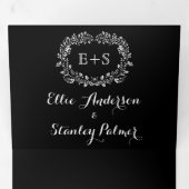 Zwart-wit bloemig lijst met initialen bruiloft drieluik uitnodiging (Binnenzijde eerst)