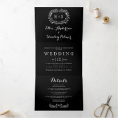 Zwart-wit bloemig lijst met initialen bruiloft drieluik uitnodiging (Binnen)