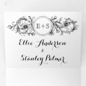 Zwart-wit bloemig lijst met initialen bruiloft drieluik uitnodiging (Binnenzijde eerst)
