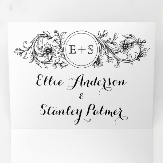 Zwart-wit bloemig lijst met initialen bruiloft drieluik uitnodiging (Binnenzijde eerst)