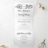 Zwart-wit bloemig lijst met initialen bruiloft drieluik uitnodiging (Binnen)