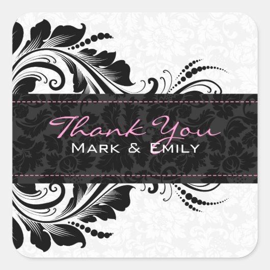 Zwart-wit bloemig Ornament Vierkante Sticker (Voorkant)
