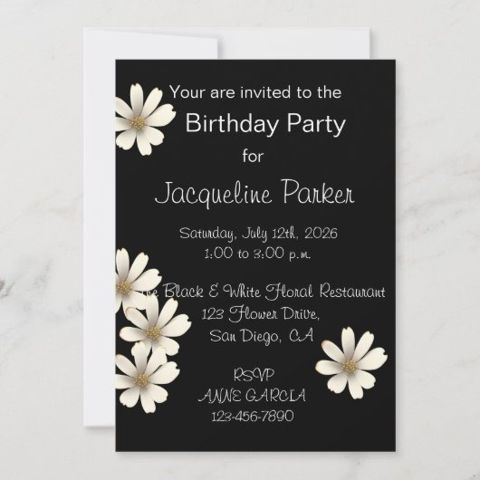 Zwart-Wit Bloemig Verjaardagsfeest Kaart (Voorkant)