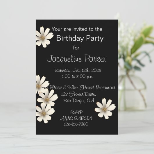 Zwart-Wit Bloemig Verjaardagsfeest Kaart (Staand voorkant)