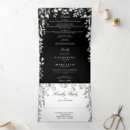 Zwart-Wit Bloemige Wilde Bloemen Foto Bruiloft Drieluik Uitnodiging