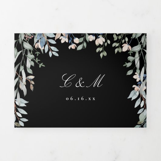 Zwart-Wit Bloemige Wilde Bloemen Foto Bruiloft Drieluik Uitnodiging (Cover)