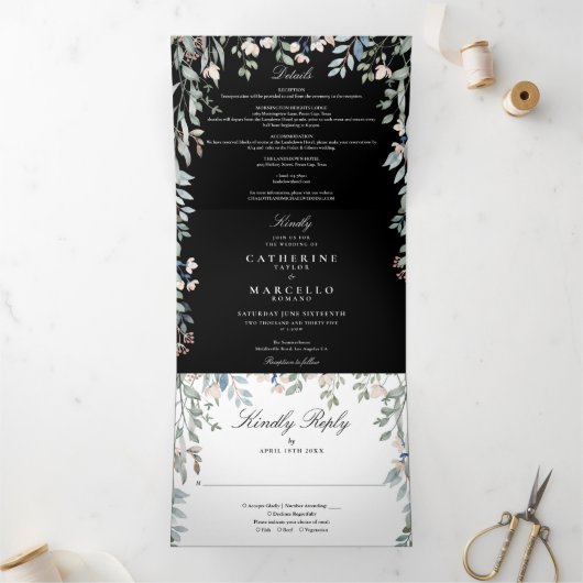 Zwart-Wit Bloemige Wilde Bloemen Foto Bruiloft Drieluik Uitnodiging (Binnen)