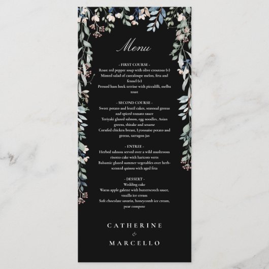Zwart-Wit Bloemige Wilde Bloemen Trouwdiner Menu (Voorkant)