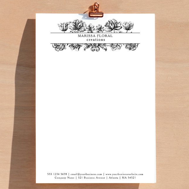  Zwart Wit Bloemist Botanische Bloemenwinkel Briefhoofd (Vintage Black White Florist Botanical Flower Shop Letterhead)