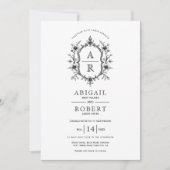 Zwart wit  bloemkam initialen bruiloft kaart (Voorkant)