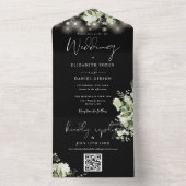 Zwart-wit bloemlichten QR code bruiloft All In One Uitnodiging (Binnen)