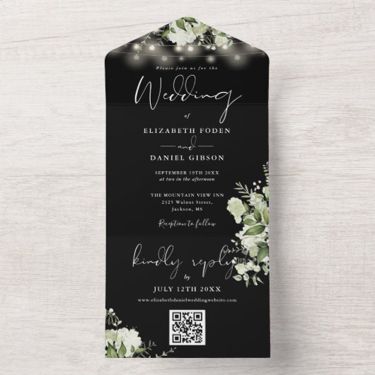 Zwart-wit bloemlichten QR code bruiloft All In One Uitnodiging (Binnen)