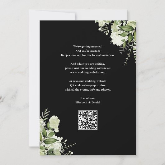 Zwart-wit bloemlichten QR code bruiloft Save The Date (Achterkant)