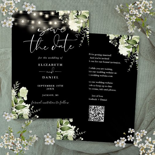 Zwart-wit bloemlichten QR code bruiloft Save The Date