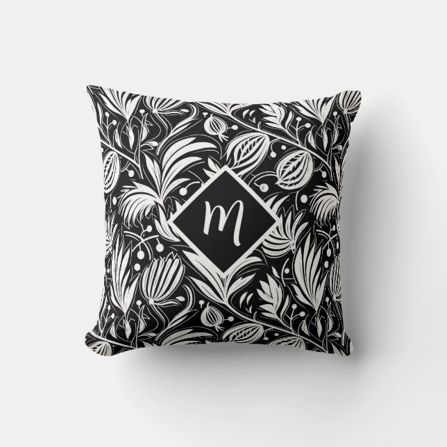 Zwart-wit bloemmotief diamanten monogram  kussen (Voorkant)