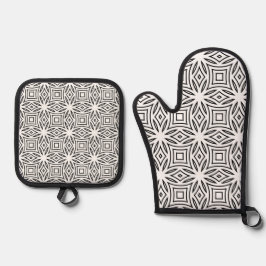 Zwart-wit bloemmotief geometrisch patroon ovenwant & pannenlap set