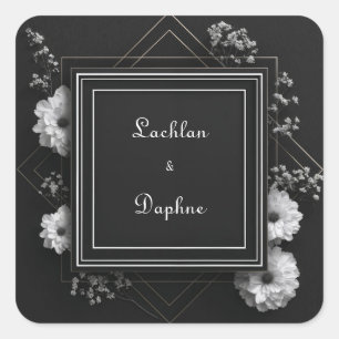 Zwart Wit Bloemmotief Goud Geometrisch Monochroom Vierkante Sticker