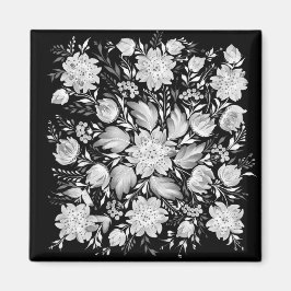 Zwart-wit bloemmotief in monochroom folk art-magne magneet