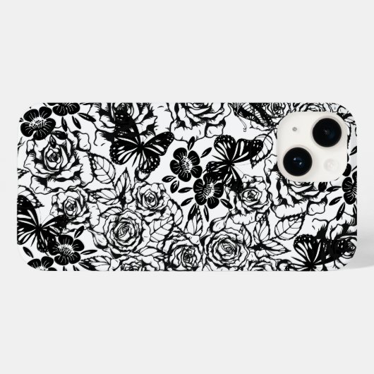 Zwart-wit bloemmotief iPhone case (Achterkant (horizontaal))
