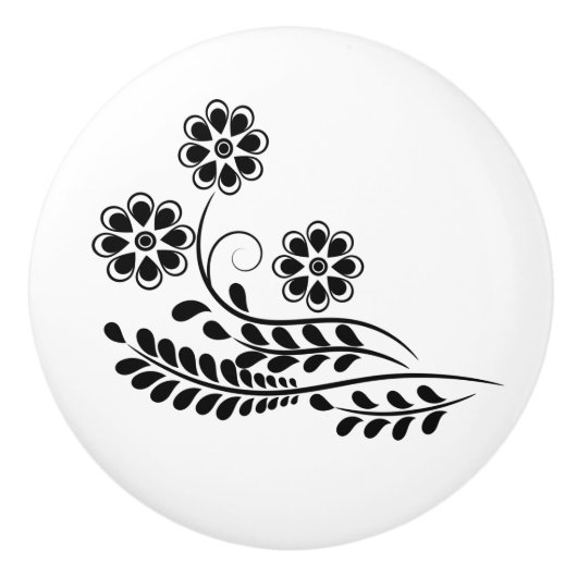 Zwart-wit bloemmotief keramische knop (Voorkant)