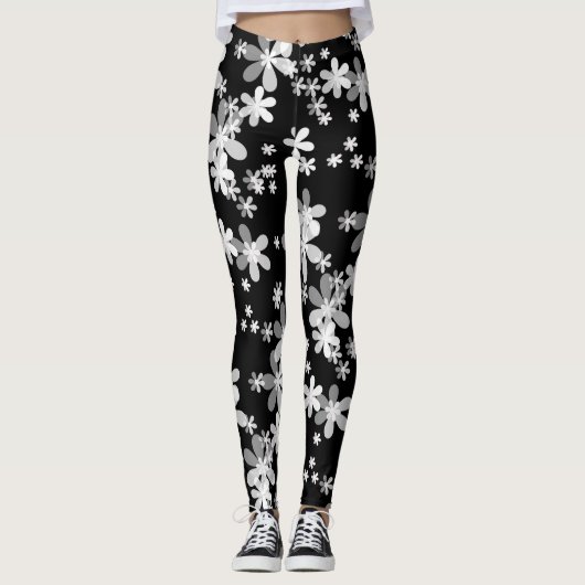 zwart wit bloemmotief leggings (Voorkant)