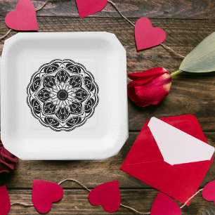 Zwart-wit bloemmotief mandala vierkant papieren bordje