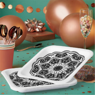 Zwart-wit bloemmotief mandala vierkant papieren bordje