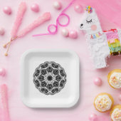 Zwart-wit bloemmotief mandala vierkant papieren bordje (Feest)