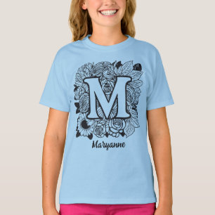 Zwart-wit bloemmotief met monogram letter M T-shirt