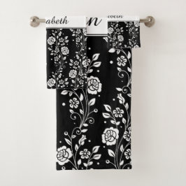 Zwart-wit bloemmotief met roos en naamprint bad handdoek