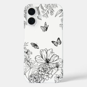 Zwart-wit bloemmotief minimalistisch modern iPhone 16 hoesje