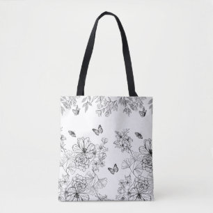 Zwart-wit bloemmotief minimalistisch modern tote bag