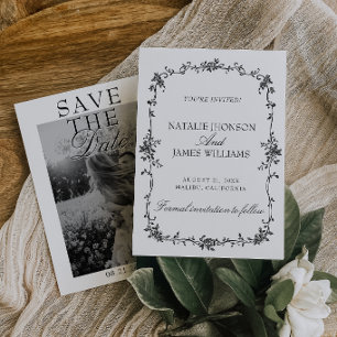 Zwart-Wit Bloemmotief Oud Geld Foto Bruiloft Save The Date