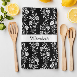 Zwart & wit bloemmotief roos patroon naam print theedoek