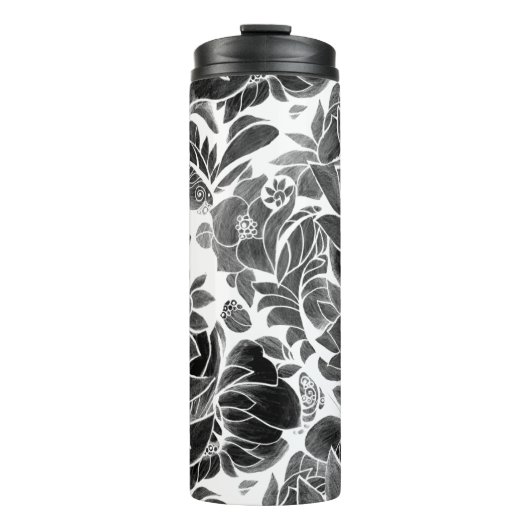 Zwart-wit bloemmotief thermosbeker (Voorkant)