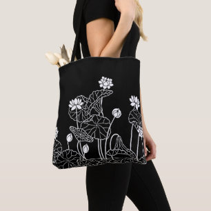 Zwart-wit bloemmotief tote bag