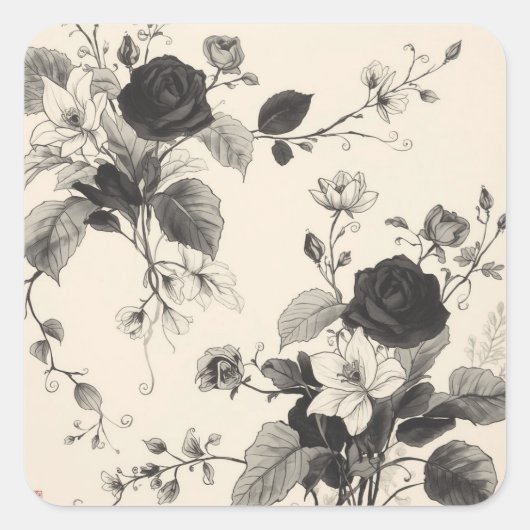zwart-wit bloemmotieven vierkante sticker (Voorkant)