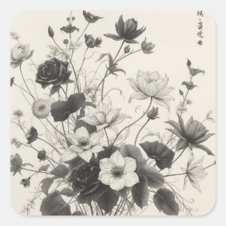 zwart-wit bloemmotieven, vierkante sticker