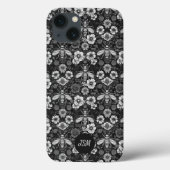 Zwart Wit Bloempatroon Bijen Initialen Case-Mate iPhone Case (Achterkant)