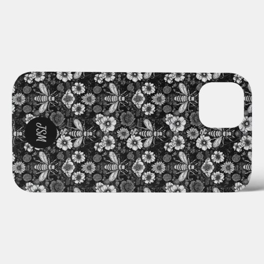 Zwart Wit Bloempatroon Bijen Initialen Case-Mate iPhone Case (Achterkant (horizontaal))