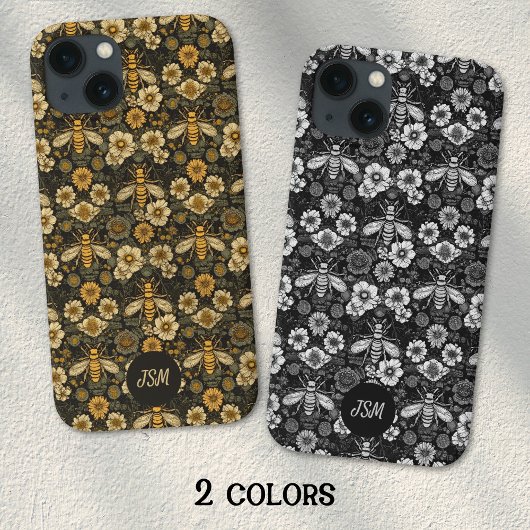 Zwart Wit Bloempatroon Bijen Initialen Case-Mate iPhone Case