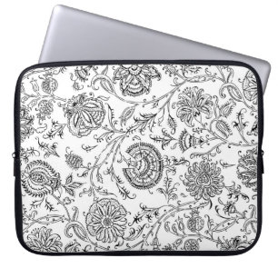 Zwart-wit bloempatroon laptop sleeve