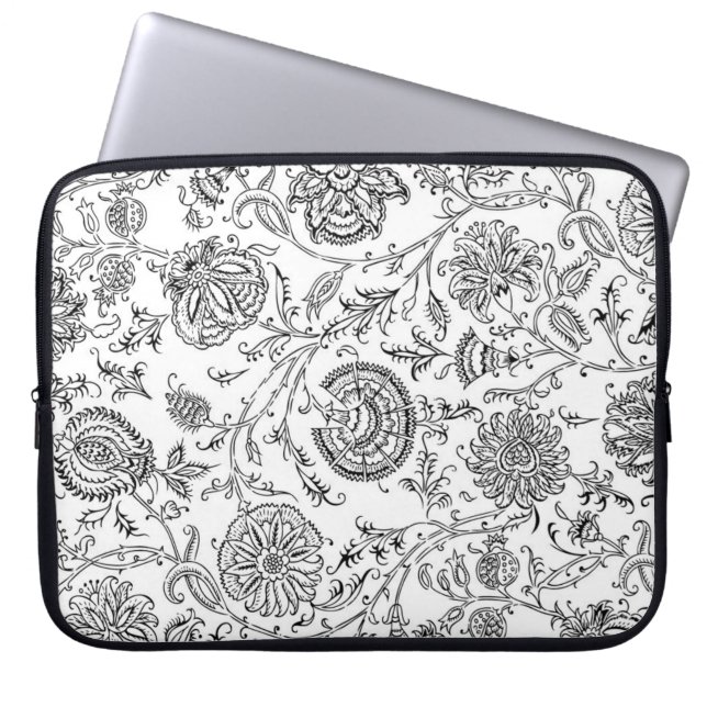 Zwart-wit bloempatroon laptop sleeve (Voorkant)