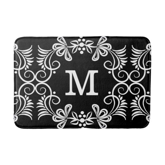 Zwart-wit bloempatroon monogrammen badmat (Voorkant)
