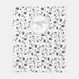 Zwart-wit bloempatroon - naam en monogram fleece deken