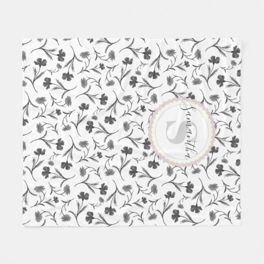 Zwart-wit bloempatroon - naam en monogram fleece deken (Voorkant (Horizontaal))