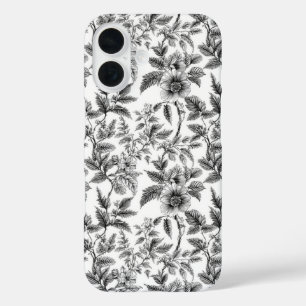 zwart-wit bloempatroon varens iPhone 16 hoesje
