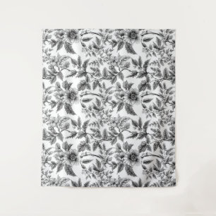zwart-wit bloempatroon varens wandkleed