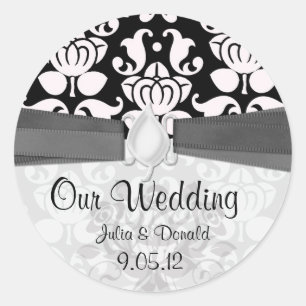 zwart-wit bloemrijk damast bruiloft ronde sticker